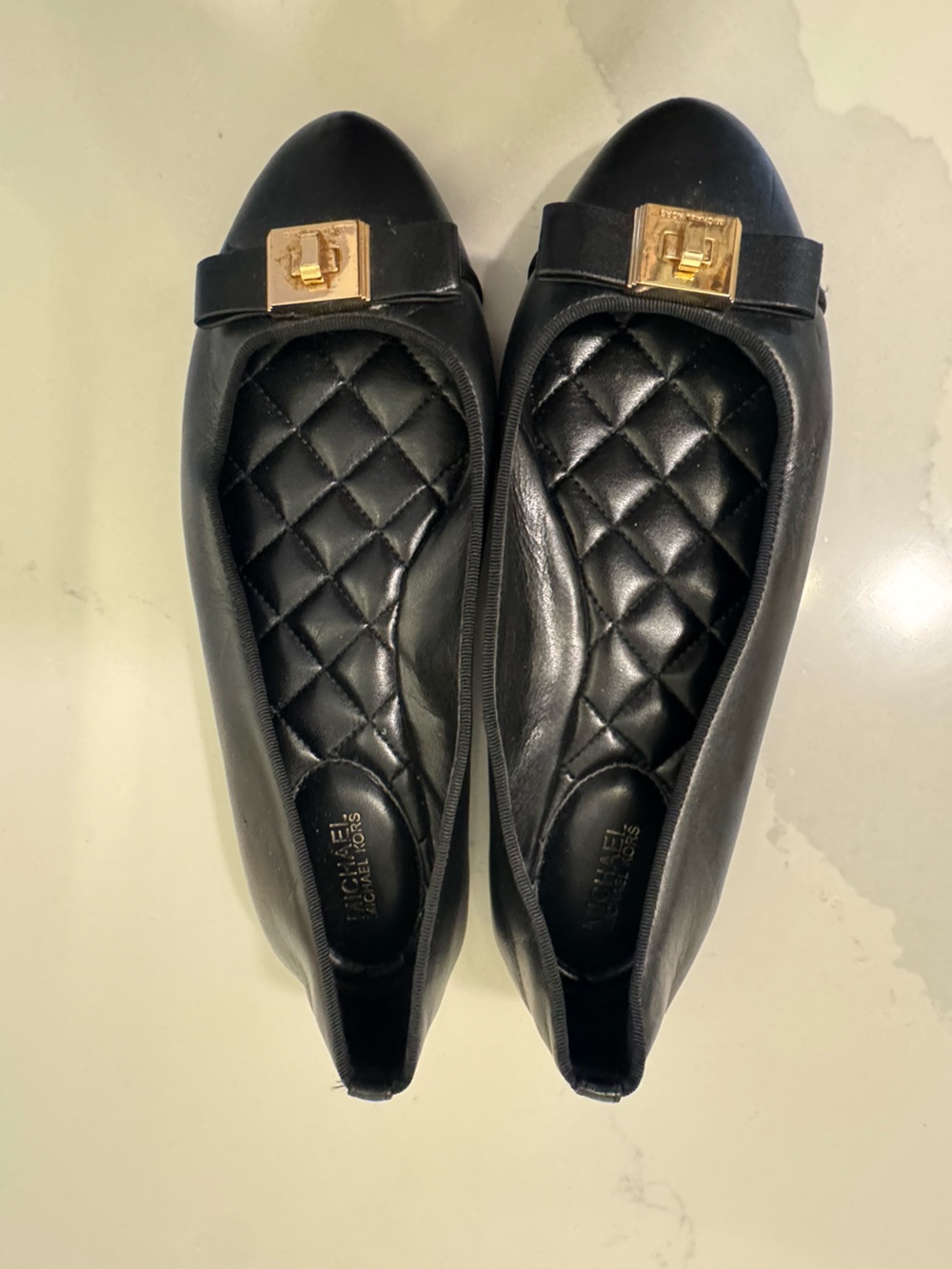 Michael Kors Black Quilted Leather Flats with Gold Accent